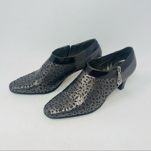 Brighton Rhythm Metallic Pewter Laser Cut Leather Heeled Shoe 11M NEW - Picture 4 of 10